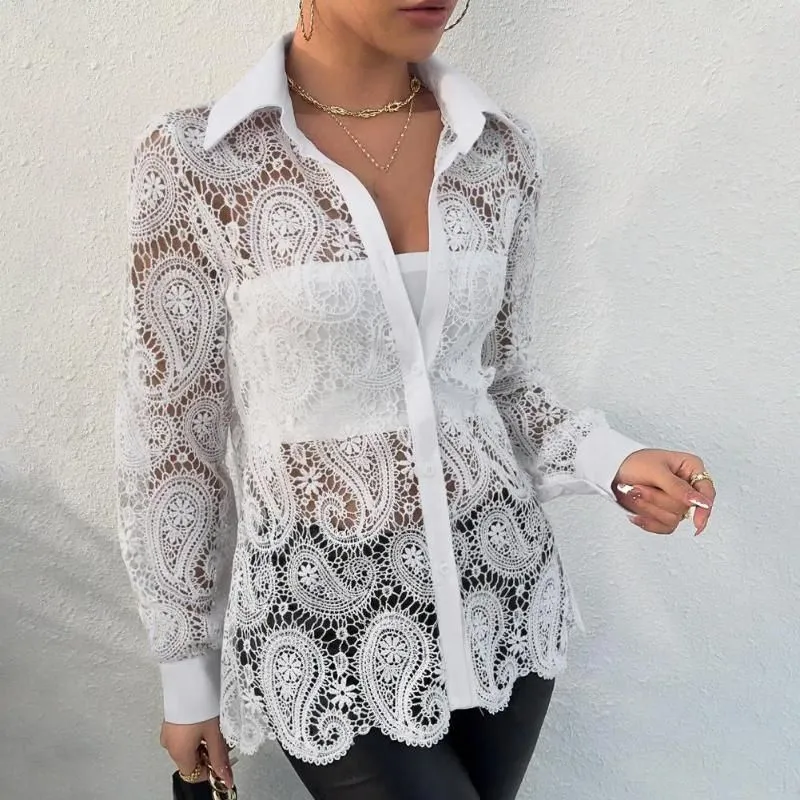 Women`s Blouses Loose Fit V-neck Top Elegant Lace Hollow Out Shirt With Single-breasted Turn-down Collar Long For Breathable Beach