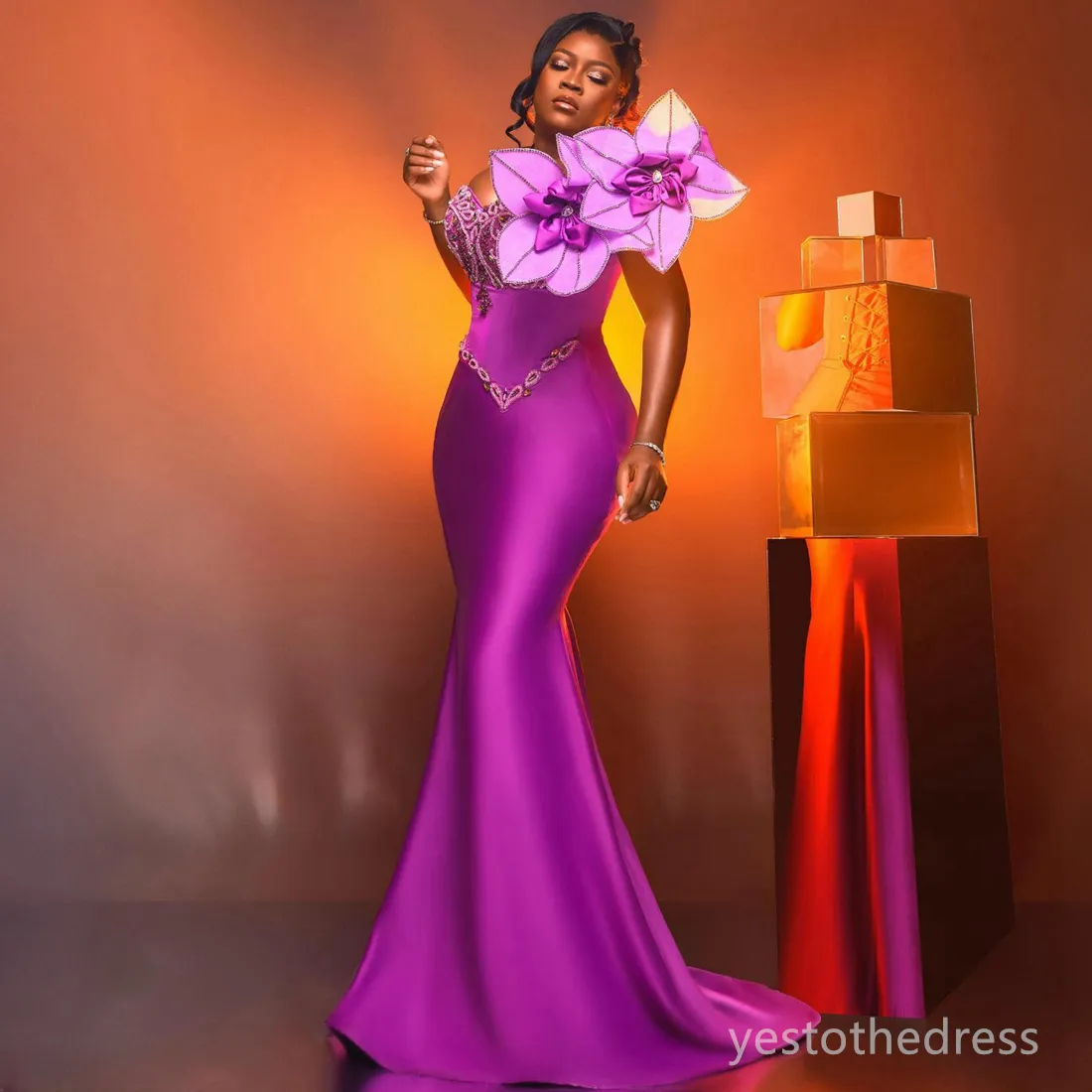 2024 Fuchsia Plus Size Prom Dress Promdress Birthday Dress One Shoulder Hand Made Flowers Beaded Rhinestones Crystals Decorated Reception Engagement Dress AM666