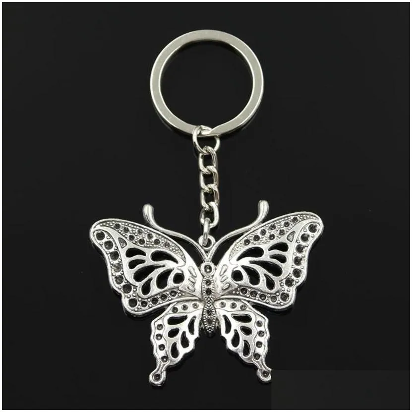 Fashion diameter 30mm Key Ring Metal Key Chain Keychain Jewelry Antique Silver Plated hollow butterfly 60 48mm Pendant215c