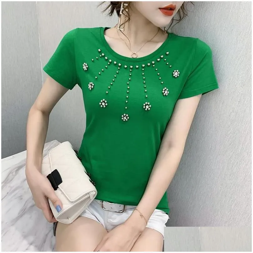 Women`s T Shirts Camiseta Feminina 2022 Women`s Summer Bead T-shirts Female Beads Shirt Green Tops Beading Poleras De Mujer Moda Woman