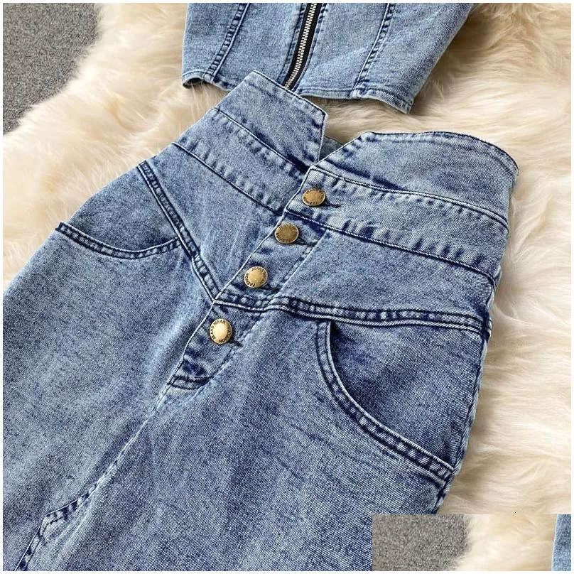 Two Piece Dress Amolapha Women Jeans VestSkirts Sets Straps Tops Buttons Denim Skirt Suits for Woman 230705