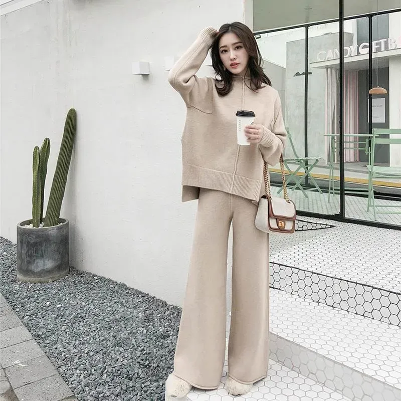 Two Piece Set Women Drape Knitting Sweater Half Turtleneck Pullovers Wide Leg Cashmere Wide-legged Pants Western Style Women`s