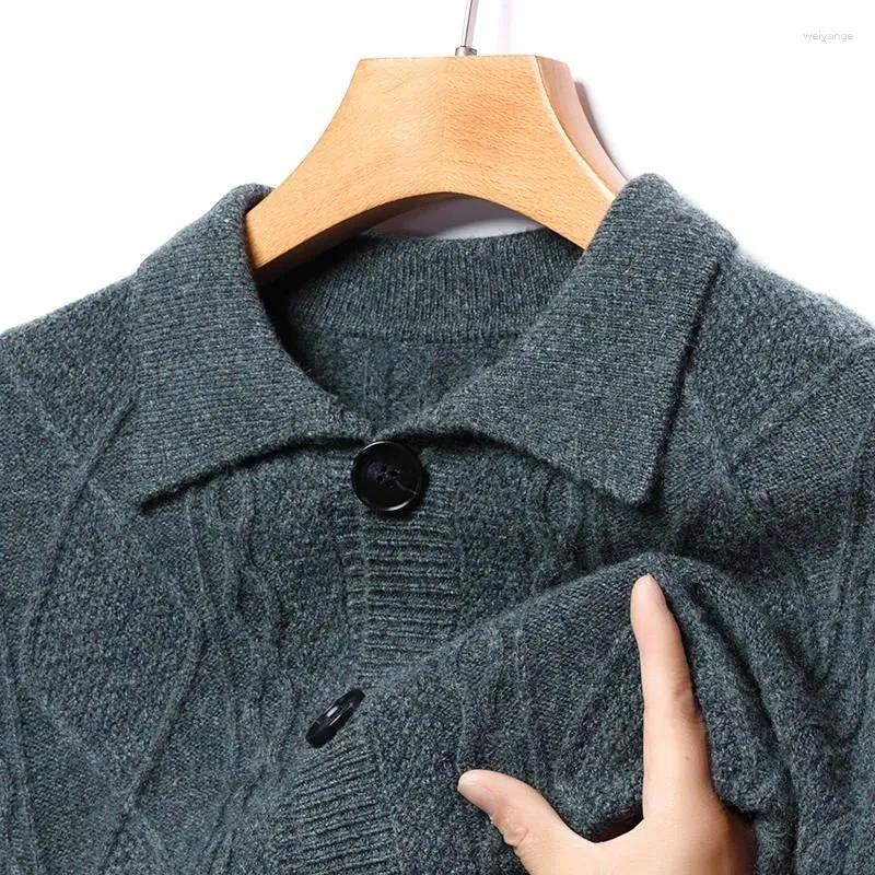 Men`s Sweaters Thick Sheep Wool Turn Down Collar Coat Casual Argyle Sweater Cardigan Single Breasted Pure Male Warm Knitwear