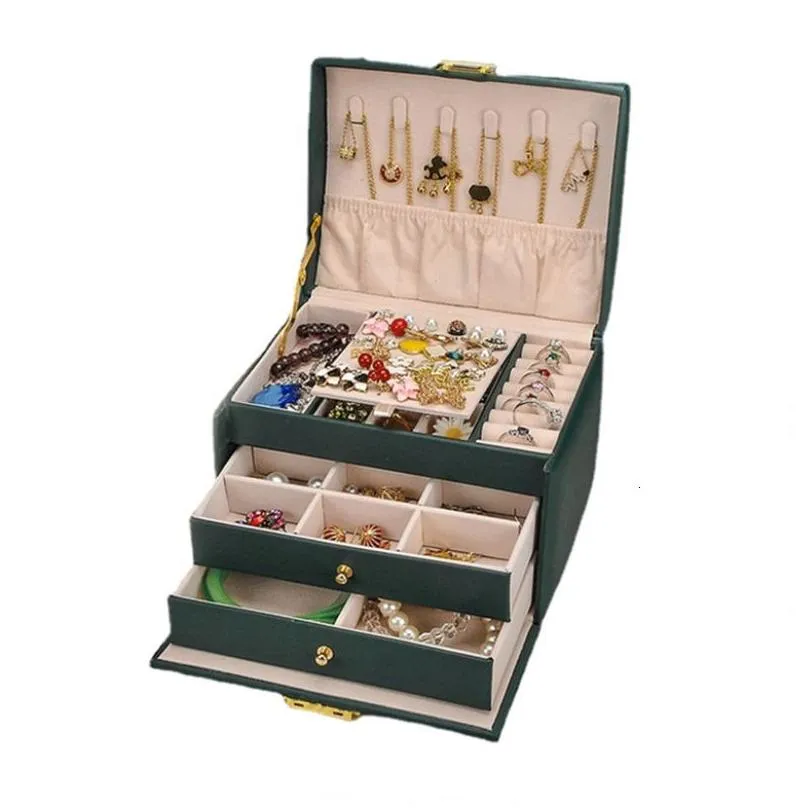 Jewelry Boxes Zlalhaja 3-Layers Organizer Box Leather Large Capacity Display Case Necklace Earrings Holder Storage Drop Delivery Dhk0E