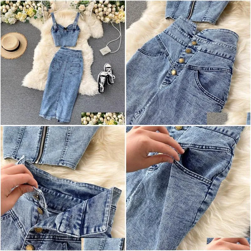 Two Piece Dress Amolapha Women Jeans VestSkirts Sets Straps Tops Buttons Denim Skirt Suits for Woman 230705
