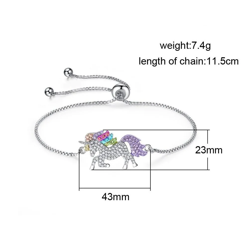 rhinestone unicorn charm bracelets for women silver gold fashion adjustable diamond horse pendant box chain girl lady gift bangle