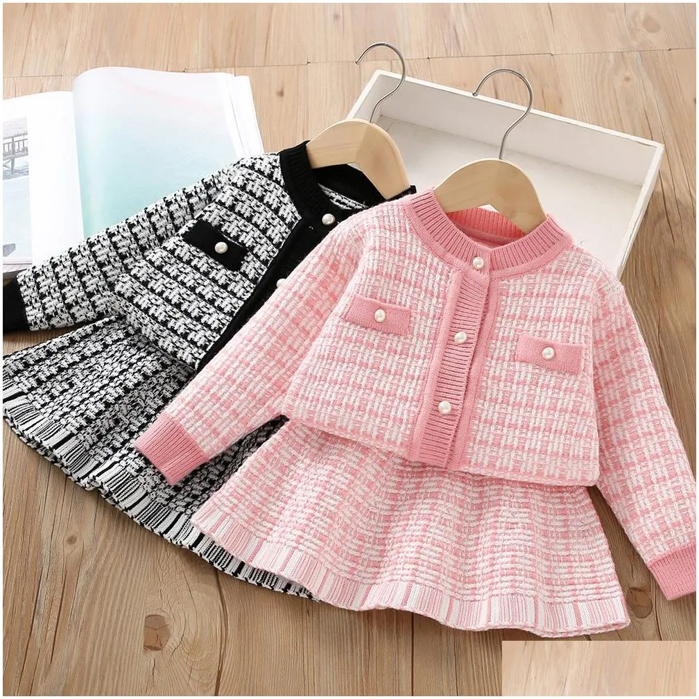 Girls` Long Sleeve Knitting Suit 2023 Autumn New Children Sweater Cardigan Sweater Top + Skirt Two Piece Set Kids Clothing