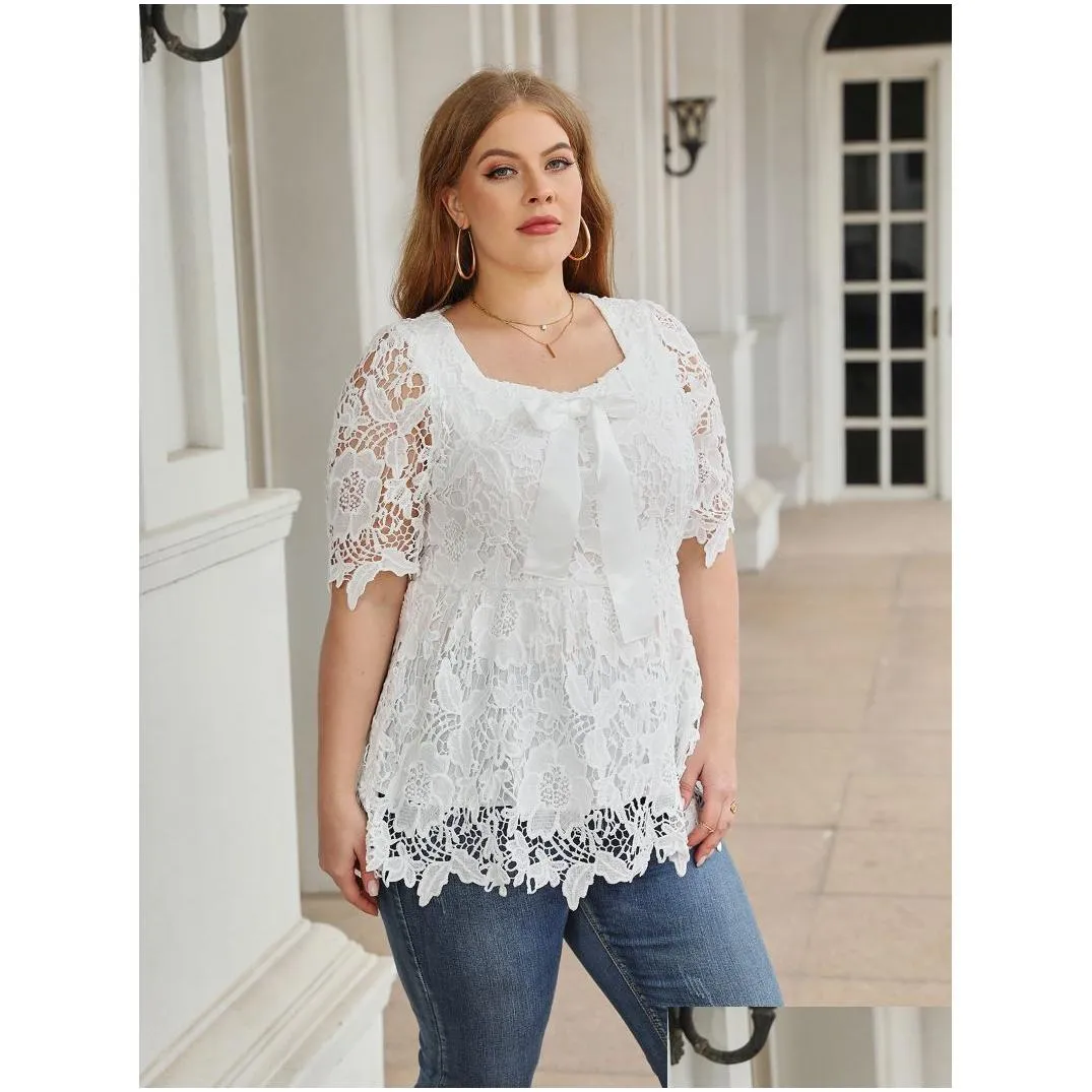 white Lace Blouse Shirt 2023 Summer Women Short Sleeve Lace Hollow Out Casual Ladies Tops Plus Size Women Clothing U51H#