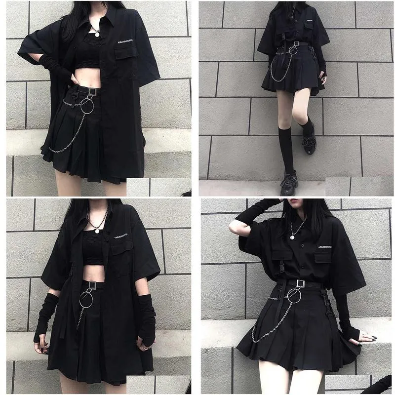 Korea Ulzzang Three piece set dark Mini Women Skirt School Uniforms A-line High Waist Harajuka gothic Suits & Sets 210608