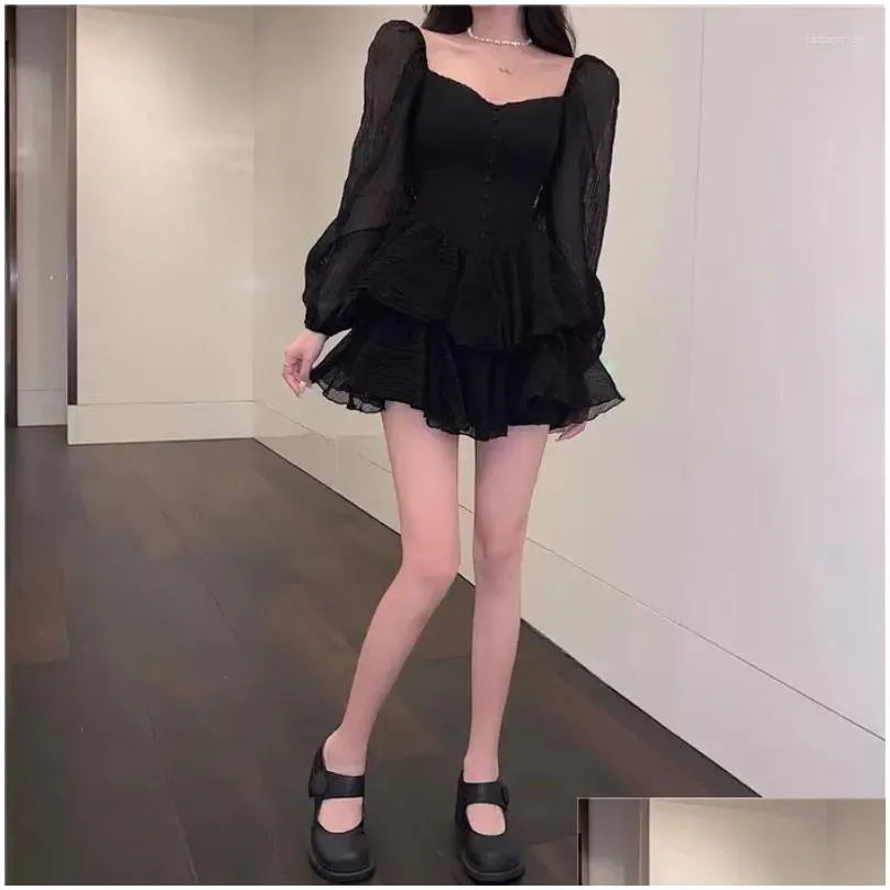 Casual Dresses OCEANLOVE Puff Sleeve Vestidos Mujer Solid Spring Autumn Ruffles Vintage Women Korean Fashion Chiffon Sexy Mini Dress