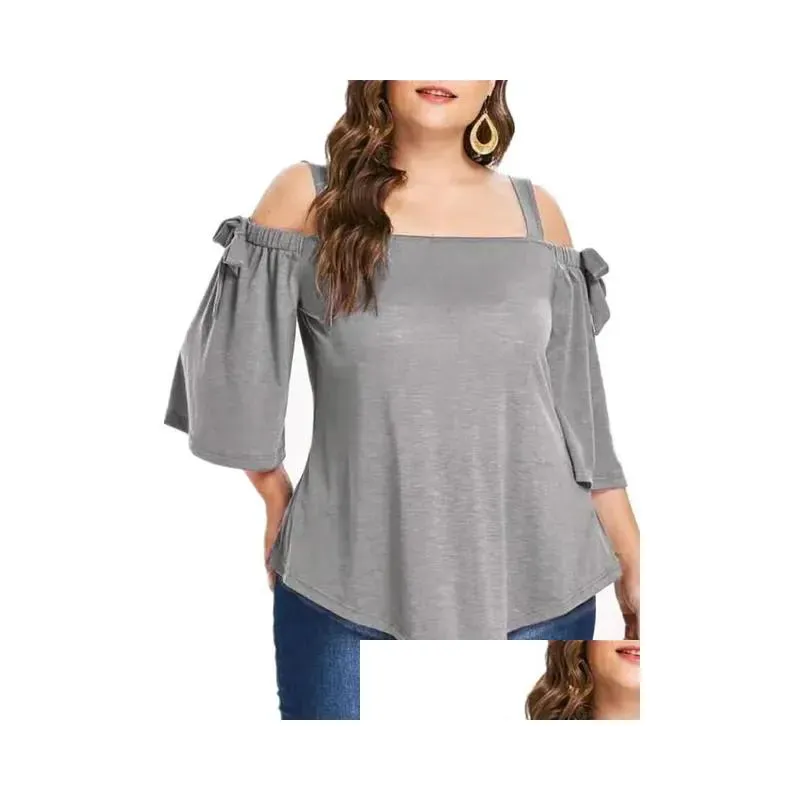 elegant and Youth Women`s Black Summer Blouses Casual Plus Size Spaghetti Strap Bare Shoulder T Shirts with Bow Cott Plus Size h3VJ#