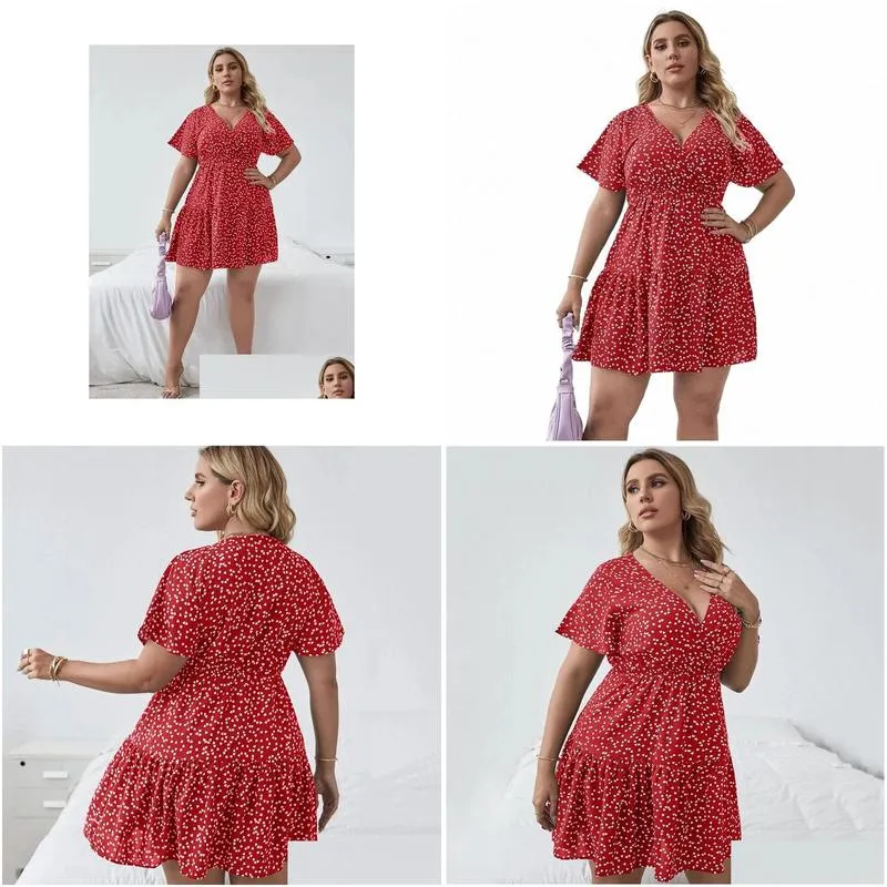 plus Size Floral Print Summer Casual Tiered Dr Women Short Sleeve Heart Pattern Boho Dr Large Size Fit Flare A-line Dr H85x#