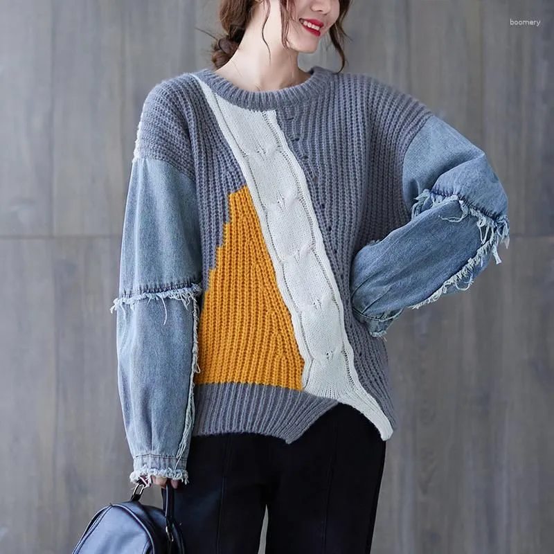 Women`s Sweaters Korean Fashion Sweater Oversized Denim Splice Plus Size Woman Vintage Pullover Knitted Tops 4XL 5XL