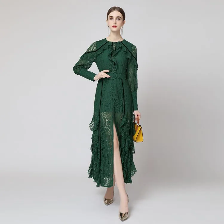 Women`s Runway Dresses O Neck Long Sleeves Ruffles Sexy Spit Elegant Lace Dress Party Gown