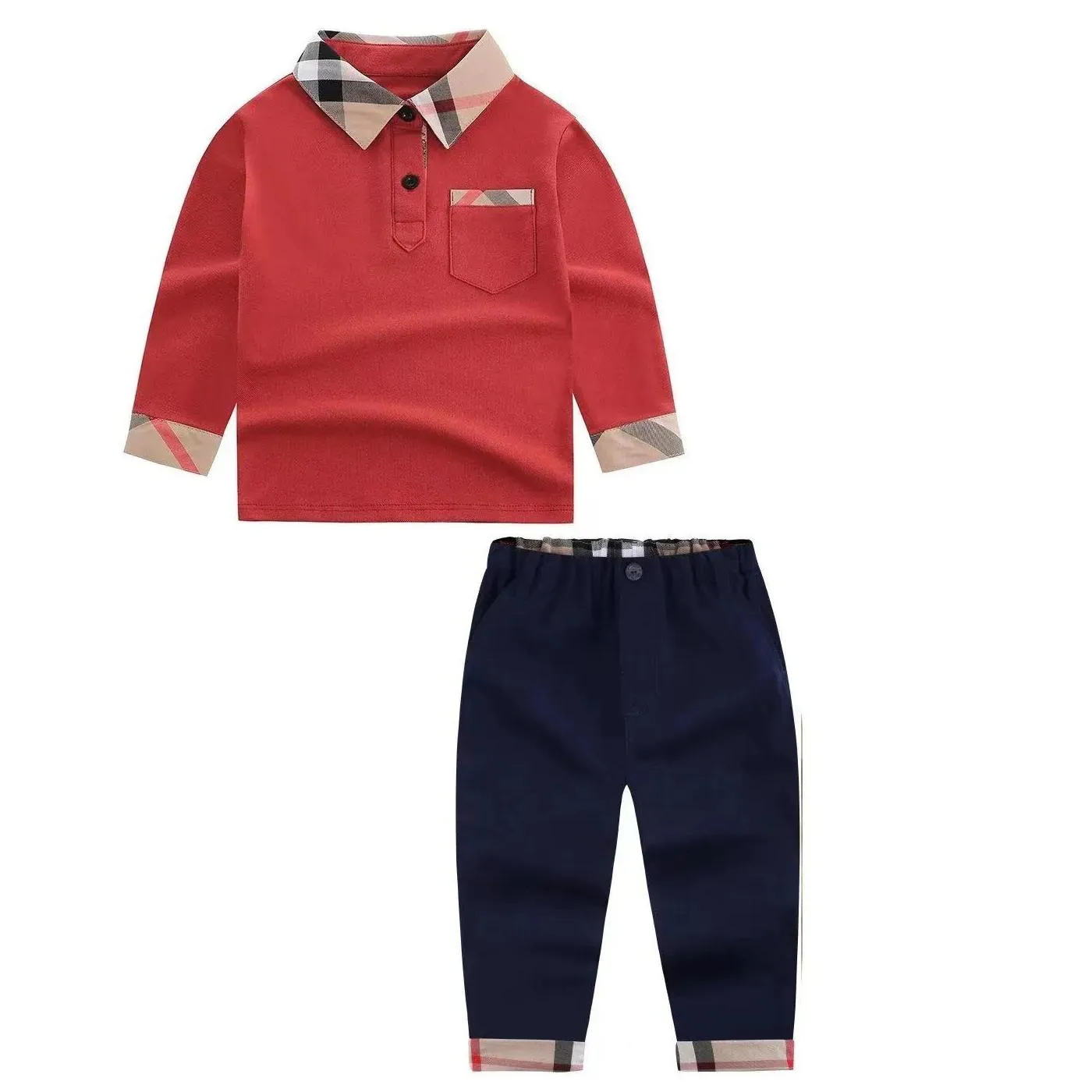 boy clothe set brown shirt and trousers desigenr fashion child clothes cotton material infant boys clothes plaid design 2023