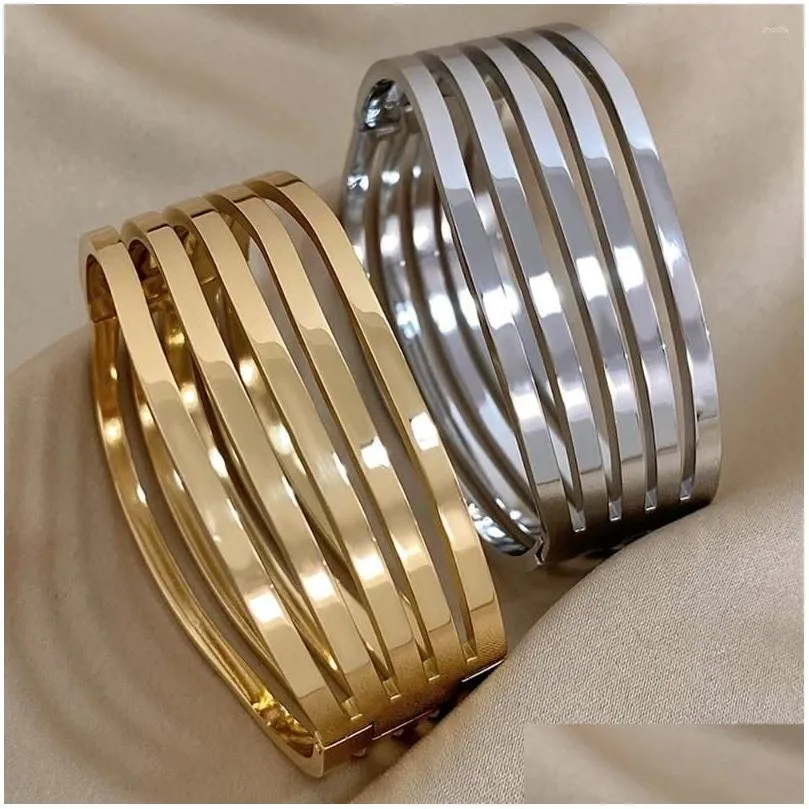 Bangle DODOHAO Chunky Gold Color Multi-layer Smooth Wide Stainless Steel Bracelet For Women Simple Punk Charm Waterproof Jewelry