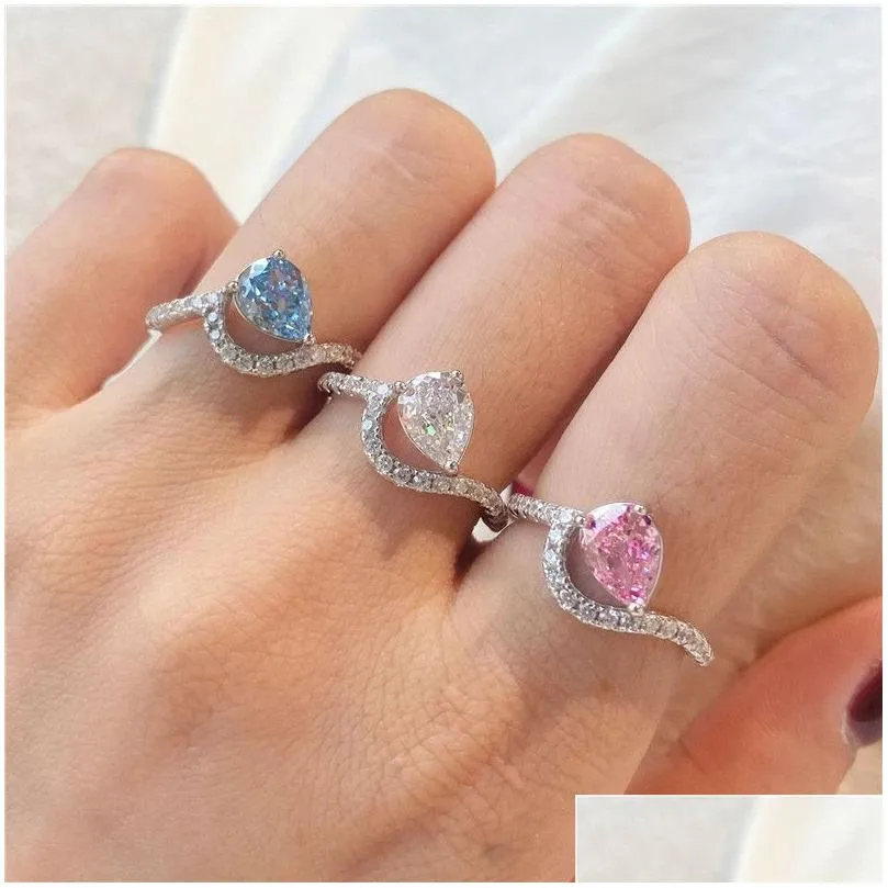 Wedding Rings Fashion 8A Zirconia Water Drop S925 Sterling Sier Ring Designer For Woman Pink Blue Love Engagement Gold Diamond Luxur Dhqms