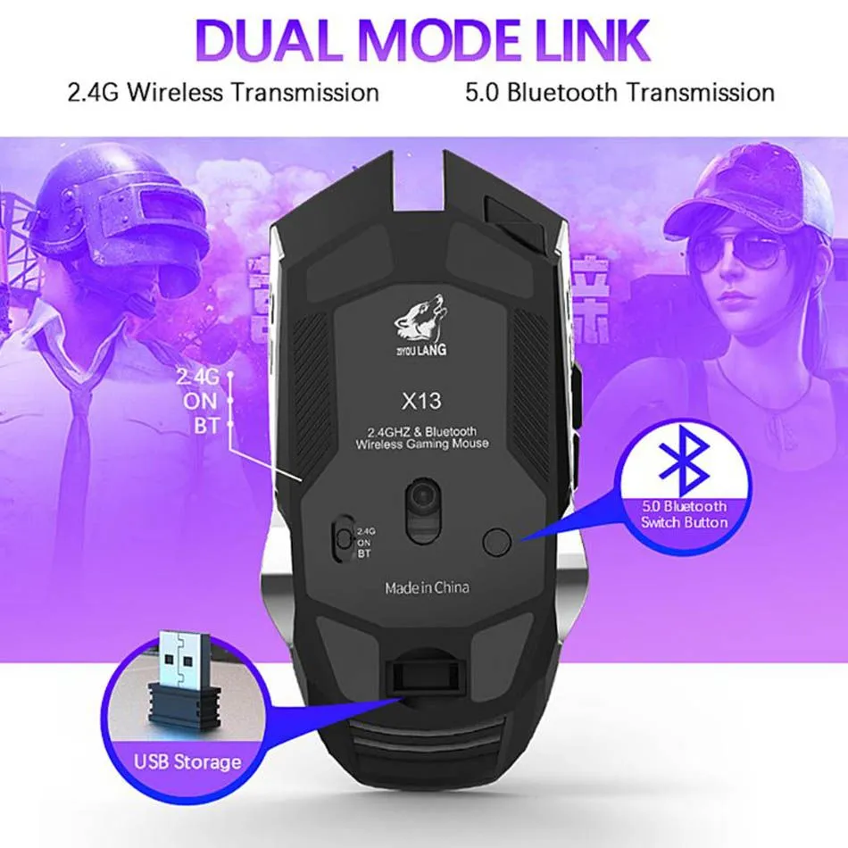 x13 wireless mouse 2.4g rechargeable charging game mice mute luminous mechanical mouses for gaming lovers accessories