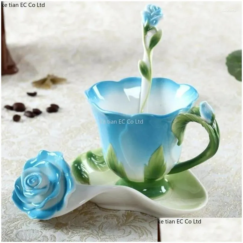 Mugs European Creative Pastoral Style Ceramic Coffee Cups Enamel Rose Cup And Saucer Set Elegant Wedding Birthday Gift