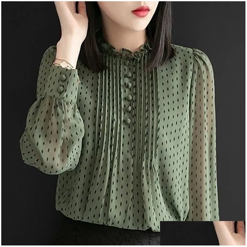 Women Spring Autumn Style Chiffon Blouses Shirts Lady Casual Long Sleeve ONeck Polka Dot Printed Chiffon Blusas Tops DD8879 210401