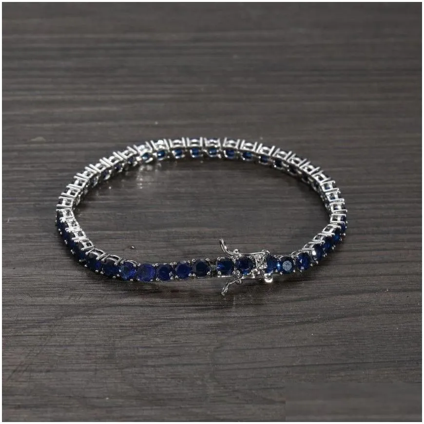 Hip Hop 4MM Tennis Blue Cubic Zirconia Bling Iced Out Chain Bangles Bracelets Unisex 1 Row CZ Link Chains Fashion Rock270H