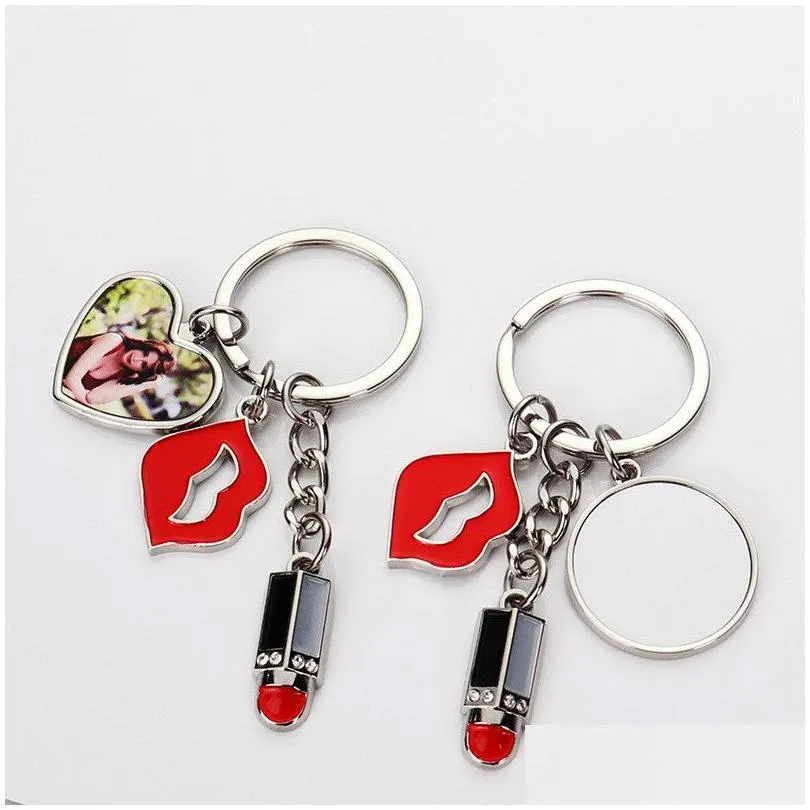 Keychains Lanyards Sublimation Blank Diy Heart Round Red Lip Lipstick Alloy Sier Plated Pendants Designer Jewelry Lover Key Rings F Dhfex
