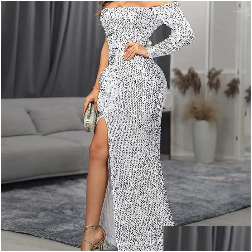 Casual Dresses Sexy One Shoulder Sequined Slit Maxi Dress Women Slash Neck Solid Color Evening Party Wear Mermaid Vestidos Gold