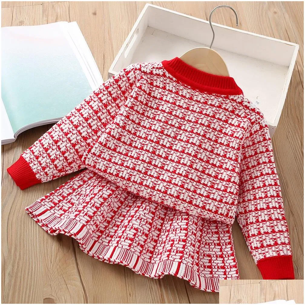 Girls` Long Sleeve Knitting Suit 2023 Autumn New Children Sweater Cardigan Sweater Top + Skirt Two Piece Set Kids Clothing