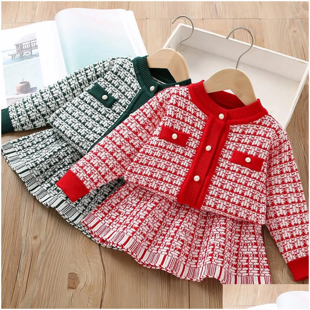 Girls` Long Sleeve Knitting Suit 2023 Autumn New Children Sweater Cardigan Sweater Top + Skirt Two Piece Set Kids Clothing