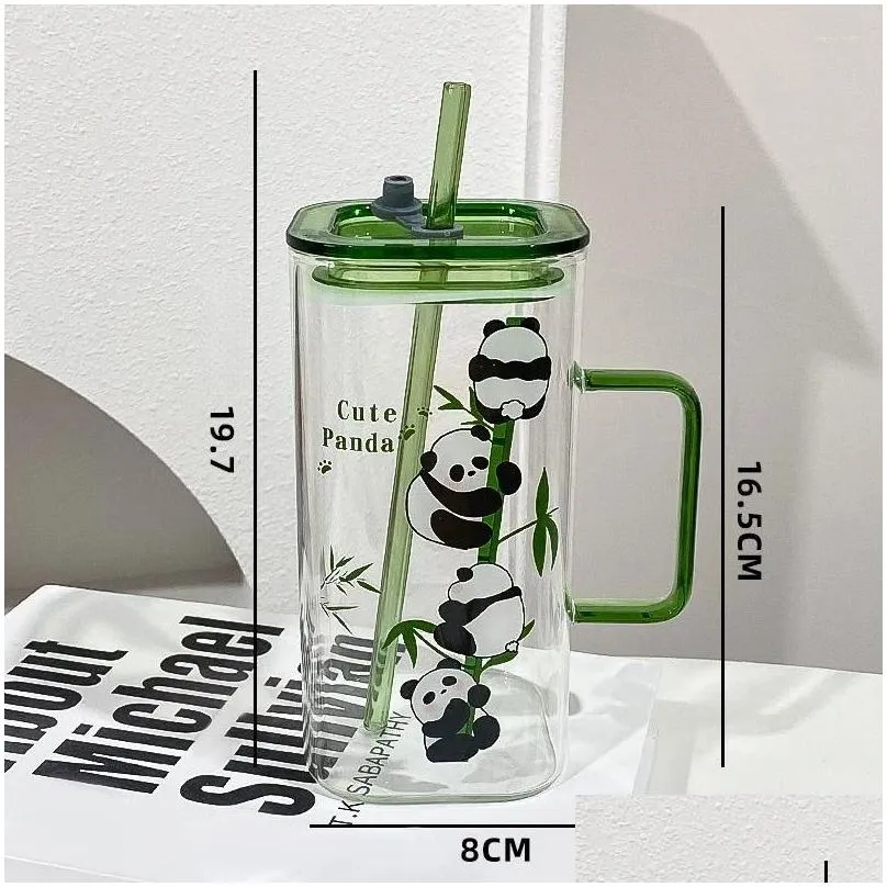 Wine Glasses 900ml Large Capacity Printed Square Water Cup Household Tea Making Couple Straw Glass With Handle Kitchen Accessories