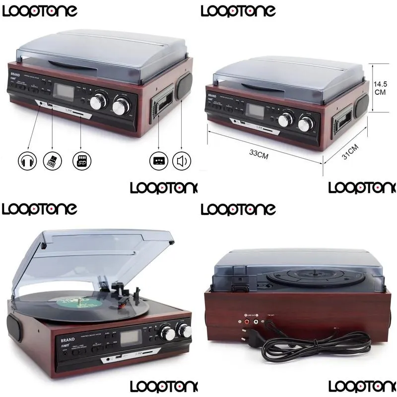 Dvd, Vcd Player Turntables Looptone Bluetooth Stereo Phono Turntable Vinyl Lp Record With Amfm Radio Usb/Sd Aux Cassette Mp3 Recorder Dhgzw