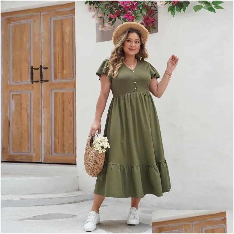 Plus Size Dresses Women Clothing 2024 Summer V-Neck Short Sleeve Pleated Solid Color Casual Midi Dress Hem Elegant