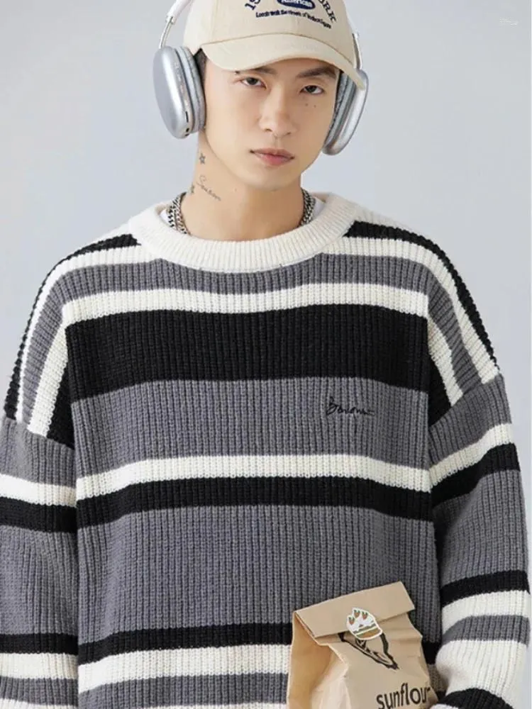 Men`s Sweaters Japanese Style Striped Sweater Fall And Winter Models Retro Versatile Pullover Thick Needle Loose Fashion Trend