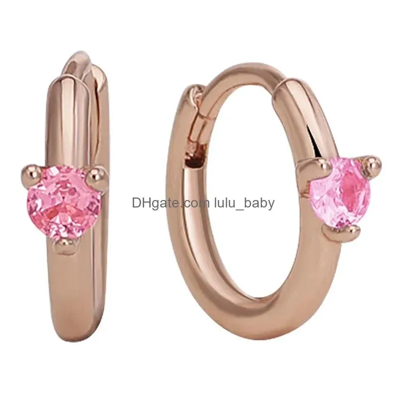 stud earrings original 925 sterling silver rose pink purple solitaire huggie with crystal hoop for women jewelry