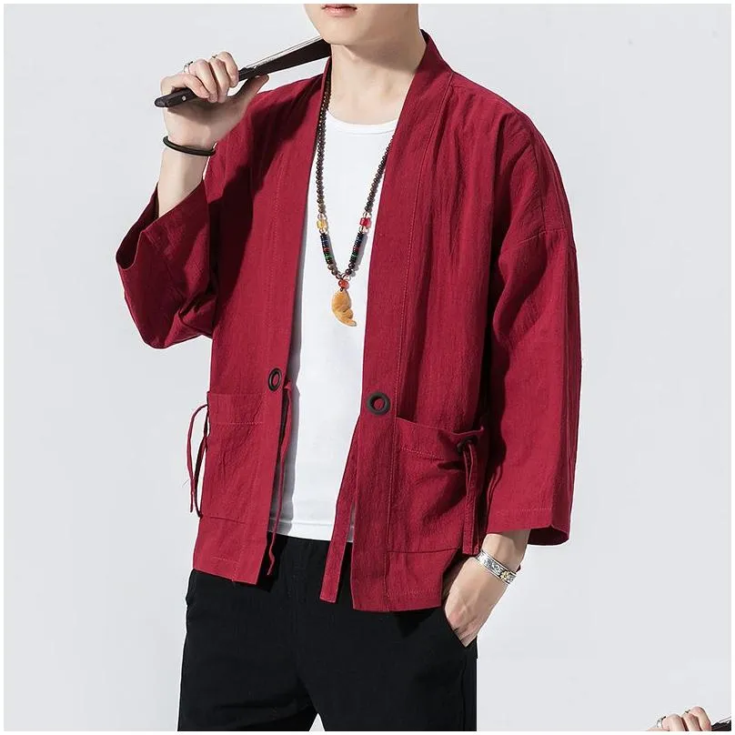 2019 Summer Harajuku Men Sun Protection Clothing Kimono Casual Jackets Male Open Stitch Solid Chinese Style Mens Jacket