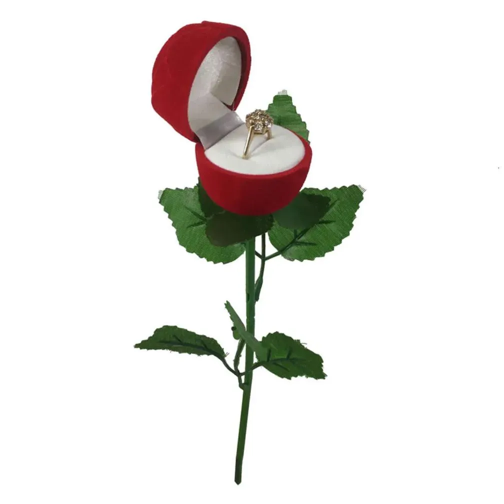 Jewelry Boxes Red Veet Rose Shape Creative Simation Flower With Leaves Gift Romantic Surprise Proposal Wedding Ring Box Drop Delivery Dhiqu