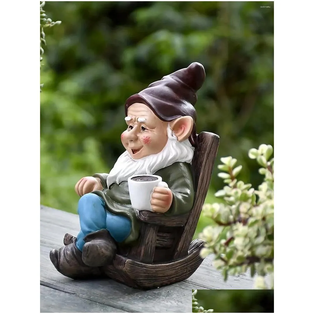 Garden Decorations 1pc Gnome Dwarf Rocking Chair Ornament Resin Outdoor Decoration Patio Leisurely Drinking Tea Lazy