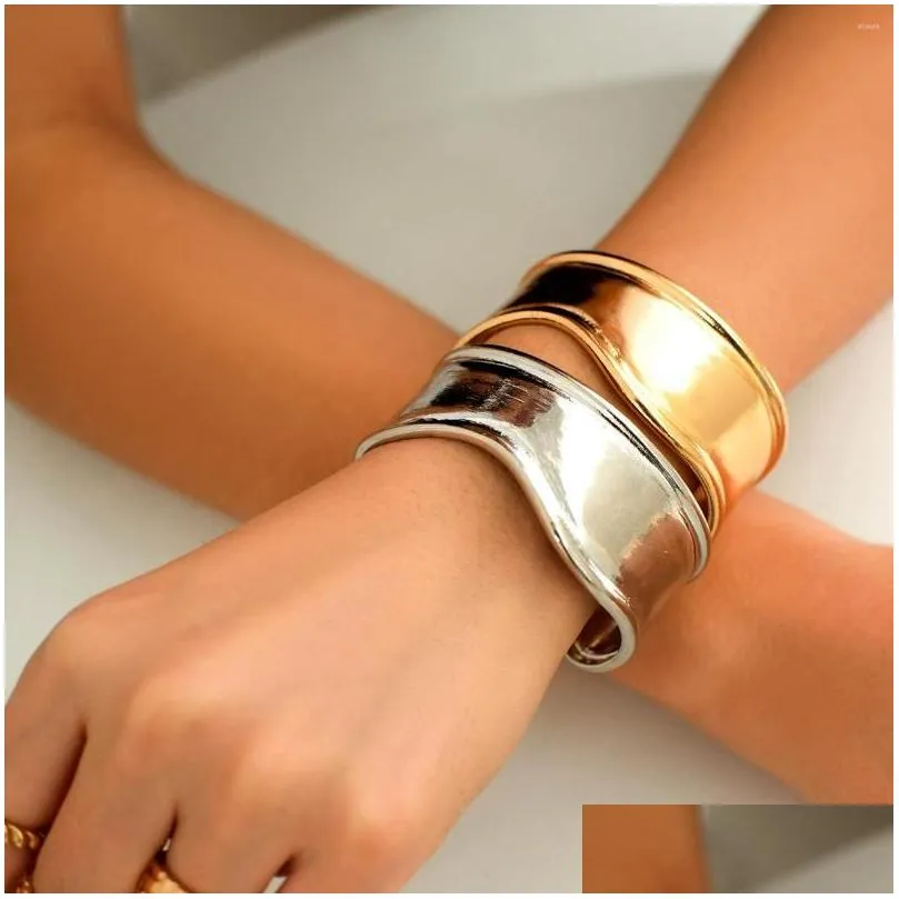 Bangle Ingemark Boho Glossy Metal Wide Cuff Open Arm Bangles Women Punk Gold Color Charm Bracelets Grunge Jewelry Steampunk Men