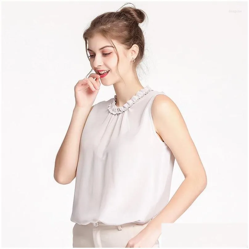 Women`s T Shirts Pure Silk Women`s O-neck Sleeveless Simple Loose Solid Color Chiffon Undershirt Tops