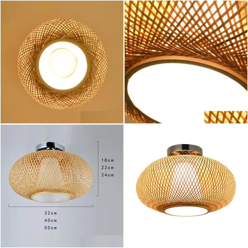Ceiling Lights 32/40/50Cm Bamboo Wicker Rattan Round Woven Lighting Fixture Natural Japanese Country Vintage F Mount Plafon Lamp Drop Dhf28