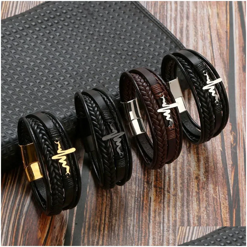leather charms bracelets tree of life infinity design stainless steel bracelet fashion punk braided chain multi layer hip hop jewelry men women black brown