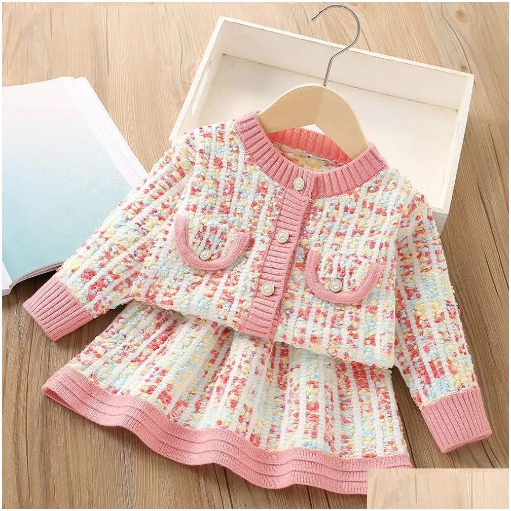 Girls` Long Sleeve Knitting Suit 2023 Autumn New Children Sweater Cardigan Sweater Top + Skirt Two Piece Set Kids Clothing