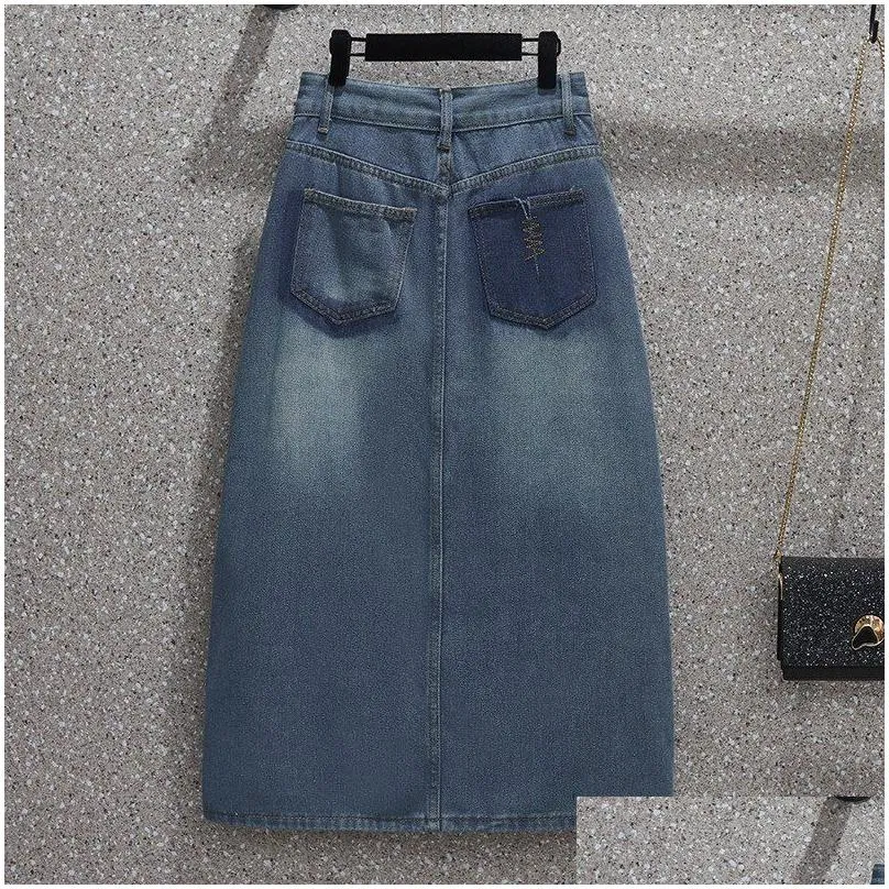 plus Size Women Denim Deep Blue Skirt Large A-line Split Midi Lg Skirts Female High Waist Big Clothing Y2K Fi X4B6#