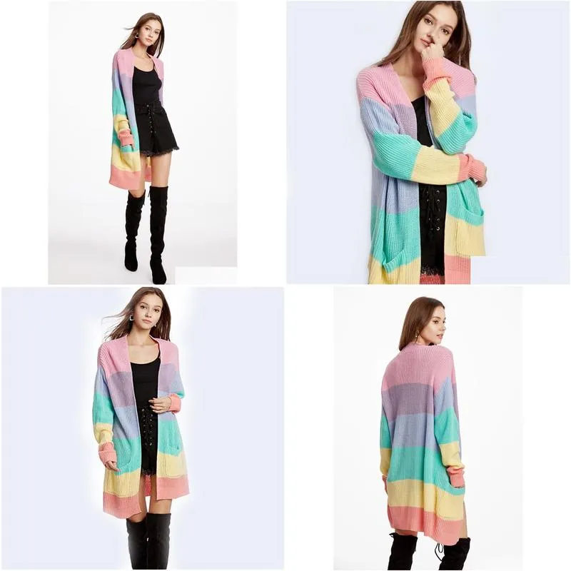 Womens elegant Loose Sweater Yellow Casual Coat Women Rainbow striped long cardigan female Autumn Winter knitted sweater Jacket 201221