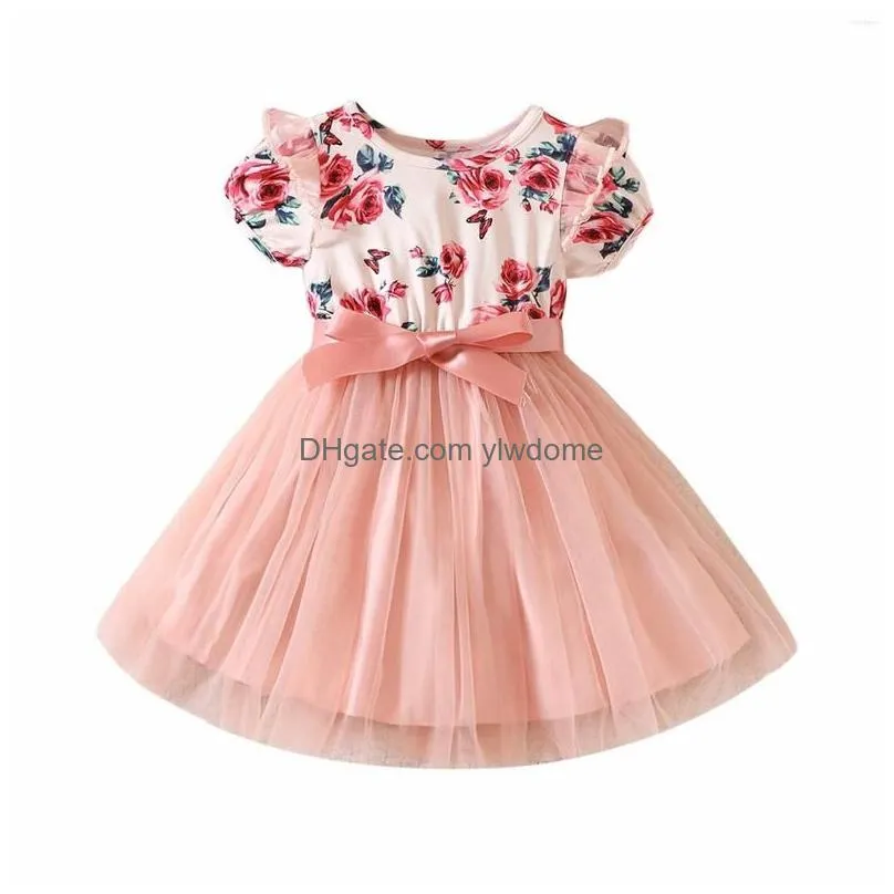 Girl`S Dresses Girl Girls Summer Lace Sleeves Rose Print Mesh Dress Neck Waist Short Sleeve Baby Baptism Kids Fall Clothes Drop Delive Dhpzc