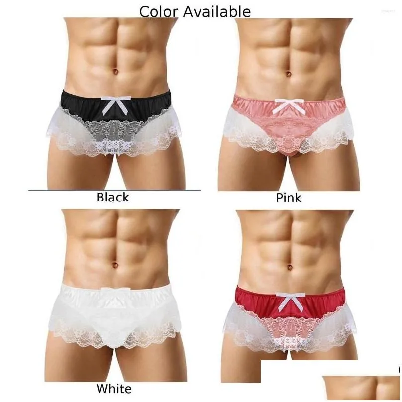 Underpants Gay Men Lace G-String Sissy Skirt T-Back Tong Ruffle Erotic Lingerie Pouch Panties Y Satin Briefs Underwear Wear A50 Drop Otdab