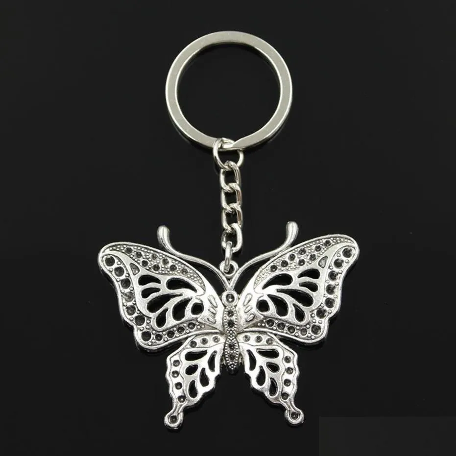 Fashion diameter 30mm Key Ring Metal Key Chain Keychain Jewelry Antique Silver Plated hollow butterfly 60 48mm Pendant215c