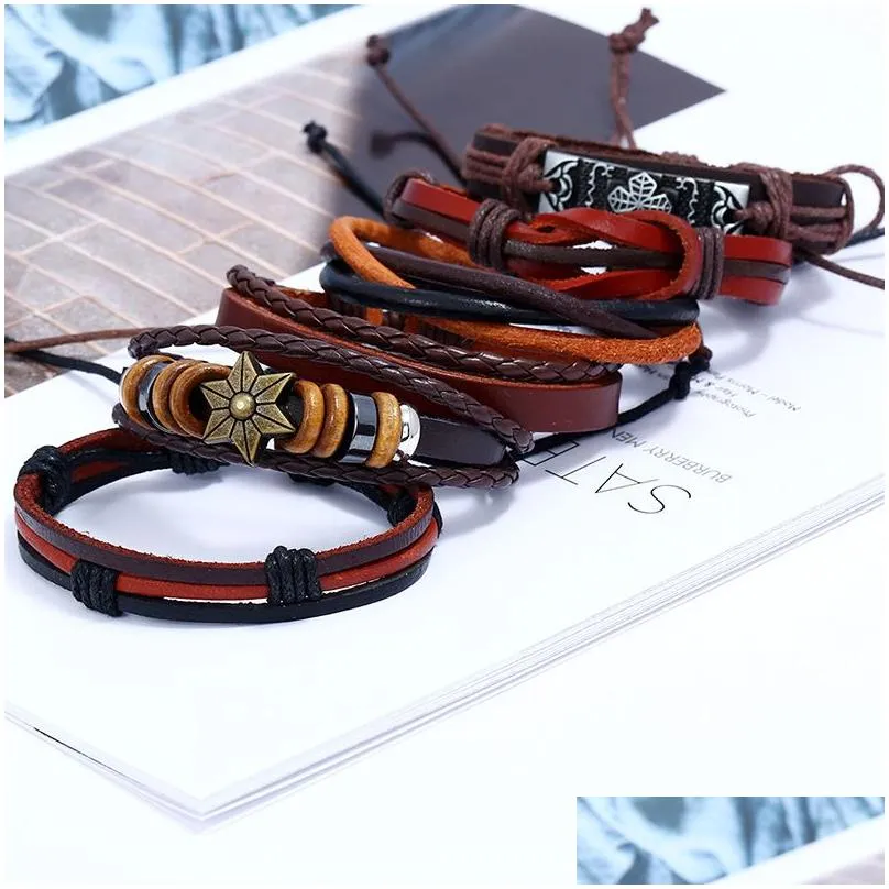 6pcs/lot punk braided bracelets multilayer genuine leather vintage charms diy fashion trend wrap jewelry wristband bangle for men women