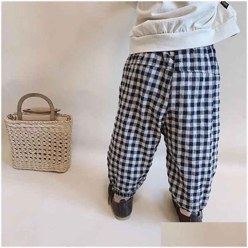 Trousers Girls` Spring Plaid Pants Style Children`s Loose Tight Korean Casual Cotton And Linen