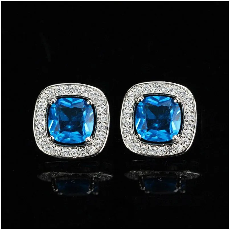 Stud Mticolor Square Earring Designer For Women Party Aaa Cubic Zirconia Earringsopper Jewelry White Blue Red Diamond Sier Gemstone Dh4Qw